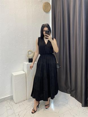 Siyah Beli Lastikli Keten Elbise