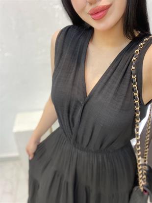 Siyah Beli Lastikli Keten Elbise