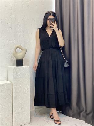 Siyah Beli Lastikli Keten Elbise