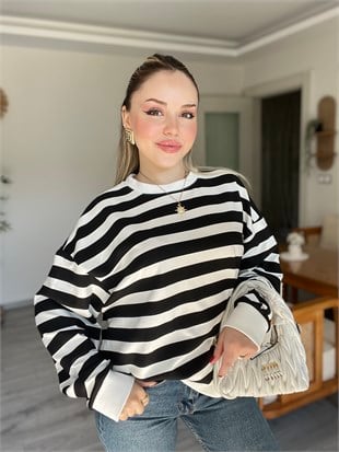 Siyah Beyaz Çizgili Oversize Modal Sweatshirt 
