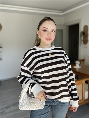 Siyah Beyaz Çizgili Oversize Modal Sweatshirt 