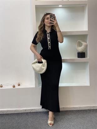 Siyah Biyeli Önü Düğmeli Triko Elbise 