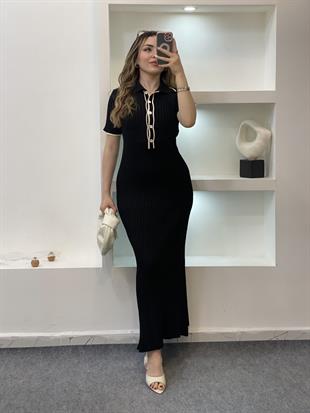Siyah Biyeli Önü Düğmeli Triko Elbise 