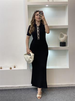 Siyah Biyeli Önü Düğmeli Triko Elbise 