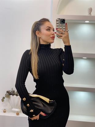 Siyah Boğazlı Bilek Gold Düğmeli Triko Elbise