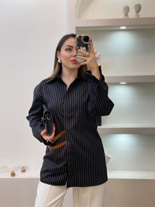 Siyah Çizgili Kemer Detaylı Gömlek 