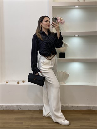 Siyah Çizgili Kemer Detaylı Gömlek 