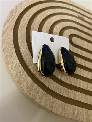 Siyah Damla Model Taşlı Gold Çerçeveli Küpe 