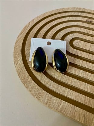 Siyah Damla Model Taşlı Gold Çerçeveli Küpe 