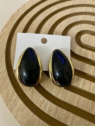 Siyah Damla Model Taşlı Gold Çerçeveli Küpe 
