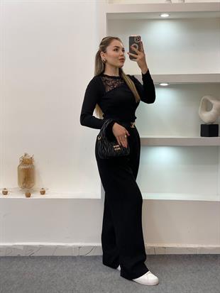 Siyah Dantel Detaylı Triko Bluz
