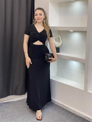 Siyah Dekolteli Likralı Model Sandy Elbise