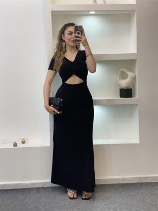 Siyah Dekolteli Likralı Model Sandy Elbise