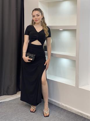 Siyah Dekolteli Likralı Model Sandy Elbise