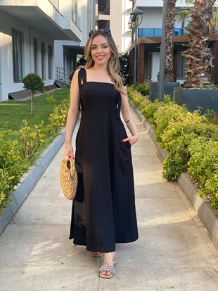 Siyah Desenli Omuz Bağlamalı Model Gipeli Elbise