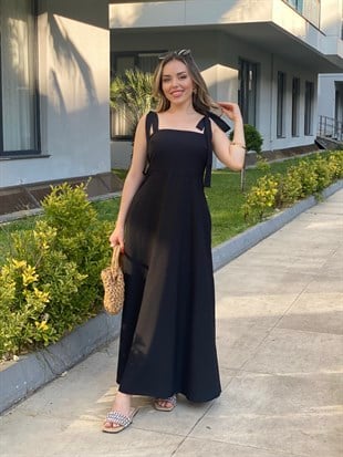 Siyah Desenli Omuz Bağlamalı Model Gipeli Elbise