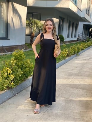 Siyah Desenli Omuz Bağlamalı Model Gipeli Elbise