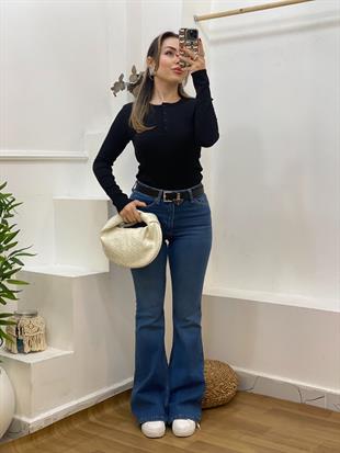 Siyah Düğmeli Fitilli Basic Bluz