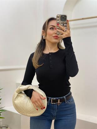 Siyah Düğmeli Fitilli Basic Bluz