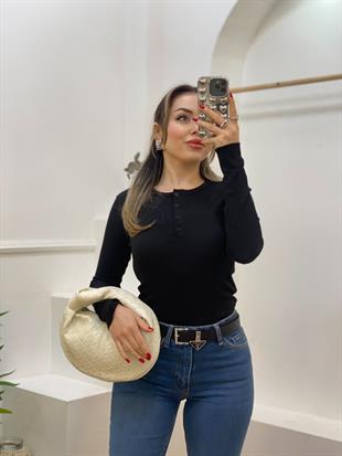 Siyah Düğmeli Fitilli Basic Bluz