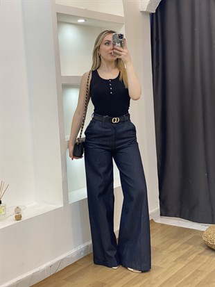 Siyah Düğmeli Fitilli Basic  Bluz