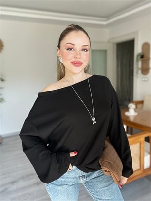 Siyah Düşük Omuz Oversize Modal Bluz