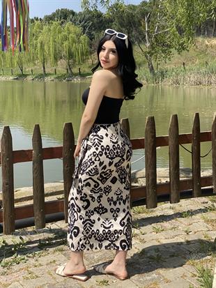 Siyah Etnik Desen Baglamalı Model Keten Etek