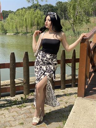 Siyah Etnik Desen Baglamalı Model Keten Etek