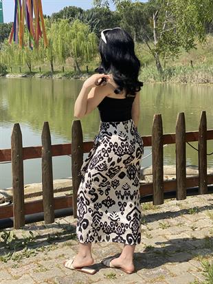 Siyah Etnik Desen Baglamalı Model Keten Etek