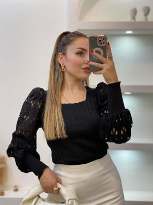 Siyah Fisto Kollu Triko Bluz