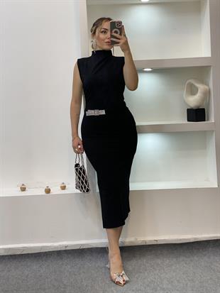 Siyah Fit Gösteren Premium Kalite Taş Detaylı Elbise