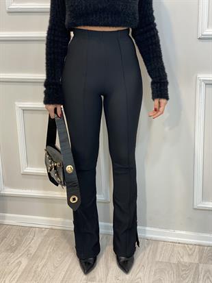 Siyah Fitilli Paça Yırtmaç Detay Tayt