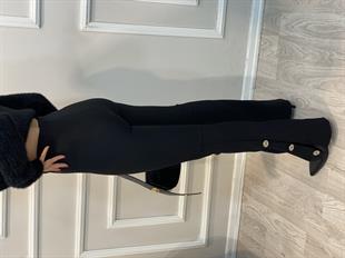 Siyah Fitilli Paça Yırtmaç Detay Tayt