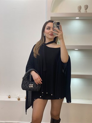 Siyah Fularlı Gümüş Droplu Triko Panço