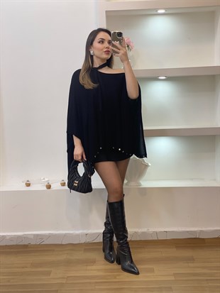 Siyah Fularlı Gümüş Droplu Triko Panço