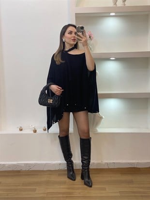 Siyah Fularlı Gümüş Droplu Triko Panço