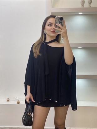 Siyah Fularlı Gümüş Droplu Triko Panço