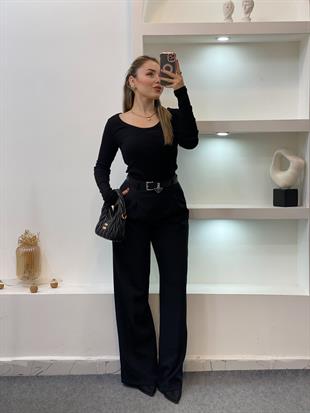 Siyah Geniş Yaka Fitilli Basic Bluz