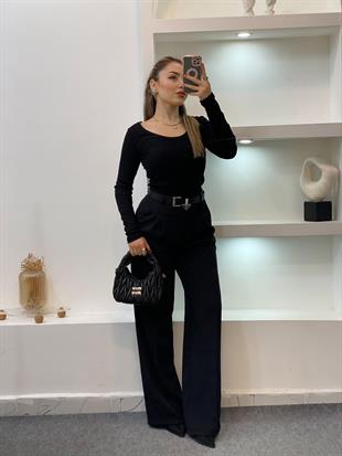 Siyah Geniş Yaka Fitilli Basic Bluz