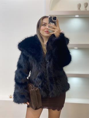 Siyah Geniş Yakalı İthal Kürk