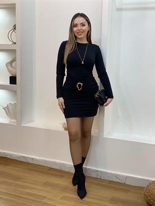 Siyah Gold Broş Detaylı Elbise
