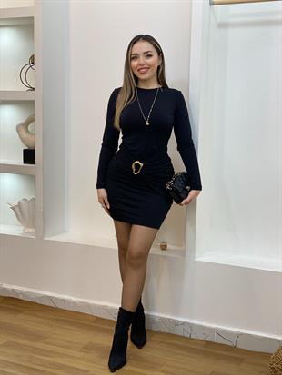 Siyah Gold Broş Detaylı Elbise