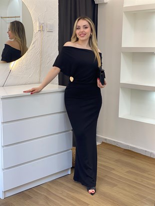 Siyah Gold Broşlu Modal Kumaş Likralı Elbise