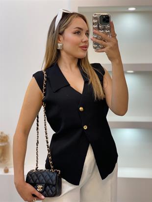 Siyah Gold Düğmeli Triko