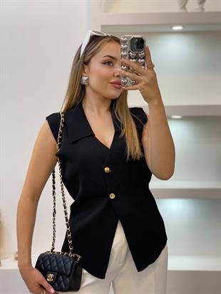 Siyah Gold Düğmeli Triko