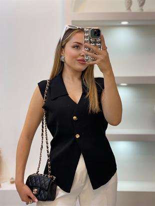 Siyah Gold Düğmeli Triko