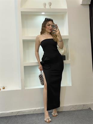 Siyah Gül Detaylı Straplez Elbise