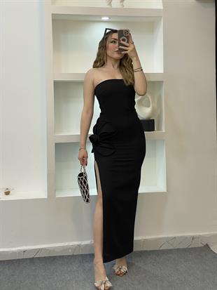 Siyah Gül Detaylı Straplez Elbise