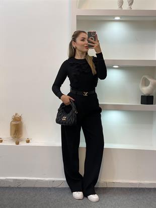 Siyah Güpürlü Model Triko Bluz