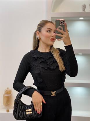 Siyah Güpürlü Model Triko Bluz